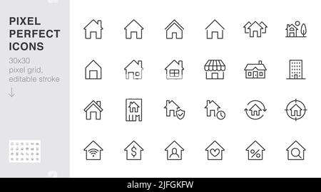 Icone della linea iniziale impostate. Casa, edificio residenziale, homepage, ipoteca di proprietà illustrazioni vettoriali minime. Semplice segno di contorno piatto per web reale Illustrazione Vettoriale