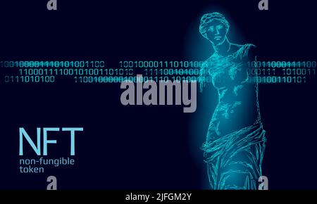 3D NFT non Fungibile criptovaluta unica. Codice di sicurezza crittografia Blockchain art. Proprietà del certificato dell'oggetto foto digitale memorizzato. Tecnologia Illustrazione Vettoriale