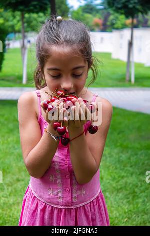 Un bambino raccoglie le ciliegie nel giardino. Messa a fuoco selettiva. Cibo. Foto Stock