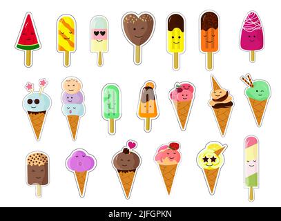 Set di personaggi per gelato kawaii. Simpatici adesivi cartoni animati. Illustrazione vettoriale. Illustrazione Vettoriale