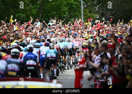 Vejle a Sonderborg, Danimarca. 3rd luglio 2022. Sonderborg, Danimarca. 03rd luglio 2022. Gli appassionati di ciclismo acclamano la terza tappa della gara ciclistica Tour de France, 182km da Vejle a Sonderborg, Danimarca, domenica 03 luglio 2022. Il Tour de France di quest'anno si svolge dal 01 al 24 luglio 2022 e inizia con tre tappe in Danimarca. BELGA PHOTO JASPER JACOBS Credit: Belga News Agency/Alamy Live News Credit: Belga News Agency/Alamy Live News Foto Stock