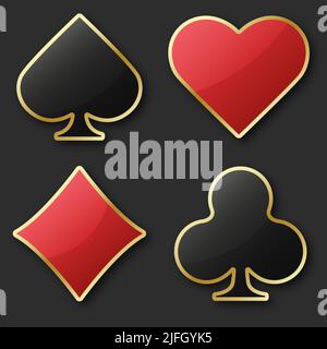 Simboli patinati lucidi con bordo dorato. Cuori diamanti clubs spades segno. Chip di illustrazione vettoriale con ombre su sfondo nero. Illustrazione Vettoriale