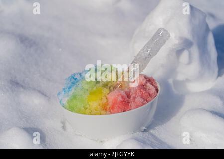 Rainbow rasò il ghiaccio in una ciotola da dessert su sfondo bianco di neve in inverno, da vicino Foto Stock