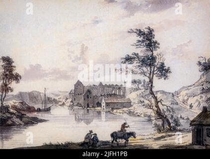 Un dipinto dell'artista inglese Paul Sandby (1731-1809) di Askeaton Abbey o Askeaton Friary, situato sulla riva orientale del fiume Deel, Contea di Limerick, Irlanda. Un ex monastero francescano fu saccheggiato e successivamente abbandonato durante la seconda ribellione Desmond del 1579. Riacceso nel 1627, fu nuovamente abbandonato nel 1648 quando le forze di Cromwell si avvicinarono. Fu ristabilita nel 1658 e continuò a ospitare i frati fino al 1714. Foto Stock