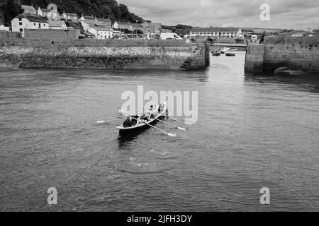 Addestramento di Rowing di Gig a Porthleven, Cornovaglia Foto Stock