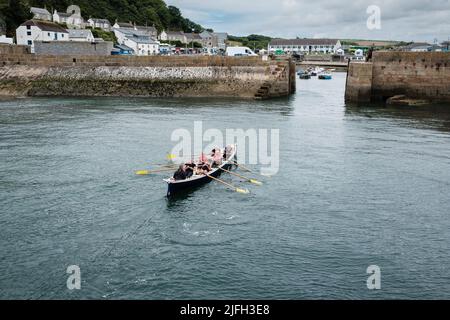 Addestramento di Rowing di Gig a Porthleven, Cornovaglia Foto Stock