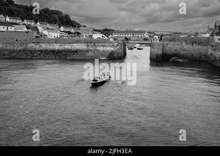 Addestramento di Rowing di Gig a Porthleven, Cornovaglia Foto Stock