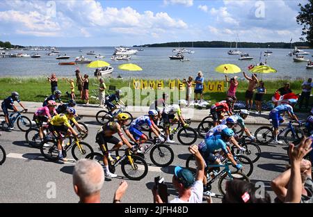 Vejle a Sonderborg, Danimarca. 3rd luglio 2022. Sonderborg, Danimarca. 03rd luglio 2022. Gli appassionati di ciclismo acclamano la terza tappa della gara ciclistica Tour de France, 182km da Vejle a Sonderborg, Danimarca, domenica 03 luglio 2022. Il Tour de France di quest'anno si svolge dal 01 al 24 luglio 2022 e inizia con tre tappe in Danimarca. BELGA PHOTO JASPER JACOBS Credit: Belga News Agency/Alamy Live News Credit: Belga News Agency/Alamy Live News Foto Stock