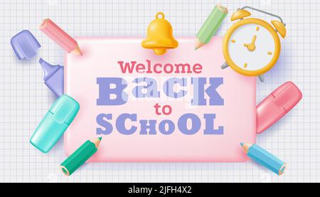 Banner di ritorno a scuola con matite e marcatori. Illustrazione vettoriale in stile 3D Illustrazione Vettoriale