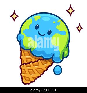 Cartoon fondente Terra in cono gelato, disegno kawaii. Carino illustrazione vettoriale del cambiamento climatico e del riscaldamento globale. Illustrazione Vettoriale