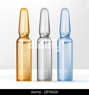 Flacone Vector ampoules per prodotti Beauty o Skincare. Trasparente, blu e giallo. Illustrazione Vettoriale