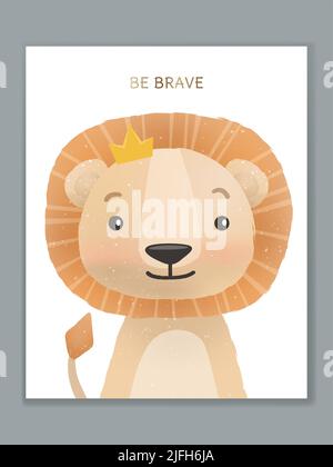 Vector Luxury Cartoon Animal Illustration Card Design for Birthday Celebration, Welcome, Event Invitation or Greeting. Re Leone. Illustrazione Vettoriale
