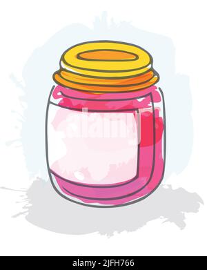 Vaso di marmellata, illustrazione creativa con stile acquerello. Elemento con logo alimentare. Modello grafico astratto isolato. Concetto di stile di disegno. Flacone o Illustrazione Vettoriale