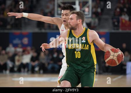 Melbourne, Australia. 03rd luglio 2022. Mitch McCarron della squadra australiana di basket in azione durante la FIBA World Cup 2023 Qualifiers Group B Window 3 tra Cina e Australia che si è tenuta alla John Cain Arena. Punteggio finale Australia 71:48 Cina. (Foto di Luis Veniegra/SOPA Images/Sipa USA) Credit: Sipa USA/Alamy Live News Foto Stock