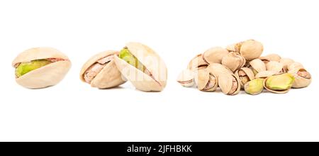 Pistacchi salati in guscio isolato su sfondo bianco, set Foto Stock