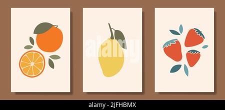 Set vettoriale per decorazione a parete. Immagine astratta dell'arte dei frutti in colori pastello. Abstract Art disegni per stampe, copertine, sfondi, arte da parete Illustrazione Vettoriale