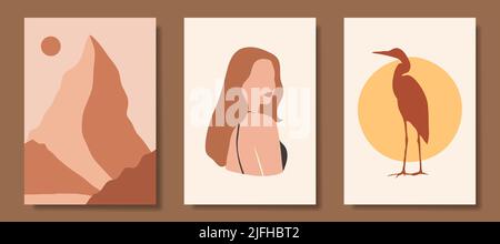 Set vettoriale decorazione parete. Immagine d'arte di forme astratte. Astratto Art design per stampa, copertina, carta da parati, arte muraria minimale e naturale Illustrazione Vettoriale