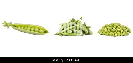 Set di piselli verdi freschi nella cialda isolato su sfondo bianco. Foto Stock