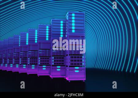 fila di server oscuri in illuminazione al neon. 3d rendering Foto Stock