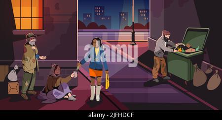 Persone senzatetto all'aperto. Zona povera della città, coloro che hanno bisogno di chiedere aiuto, la donna dà elemosina, persone in strada notturna, uomo scavando nei rifiuti, in ordine Illustrazione Vettoriale