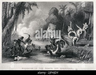 Massacro nelle barche fuori Cawnpore - un'incisione contemporanea del massacro al Satichaura Ghat il 27 giugno 1857 dopo l'assedio di Cawnpore durante la ribellione indiana del 1857. Foto Stock