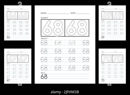 Numeri di traccia e di colorazione fogli di lavoro numeri di apprendimento. Illustrazione Vettoriale