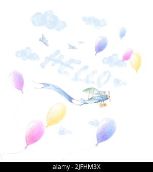 Acquerello bambino clipart. Aeroplani, palloncini colorati volano in cielo. Nuvole blu. Stampa del poster dell'acquazzone del bambino. Ciao banner avventure. Composizione prefabbricata Foto Stock