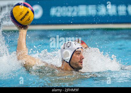 BUDAPEST, UNGHERIA - LUGLIO 3: Lorenzo Bruni d'Italia durante i Campionati Mondiali FINA Budapest 2022 - incontro finale di polo d'acqua maschile tra Italia e Spagna al complesso di nuoto Alfred Hajos il 3 Luglio 2022 a Budapest, Ungheria (Foto di Albert ten Hove/Orange Pictures) Foto Stock