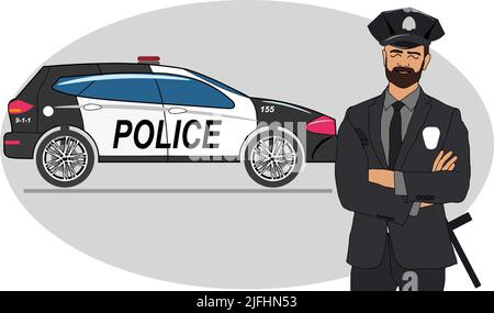 Gruppo di polizia. Poliziotto in diverse pose e auto di polizia. Illustrazione vettoriale in stile cartoon Illustrazione Vettoriale