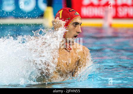 BUDAPEST, UNGHERIA - 3 LUGLIO: Portiere Unai Aguirre di Spagna durante i Campionati Mondiali FINA Budapest 2022 - incontro finale di polo d'acqua maschile tra Italia e Spagna al complesso di nuoto Alfred Hajos il 3 luglio 2022 a Budapest, Ungheria (Foto di Albert ten Hove/Orange Pictures) Foto Stock