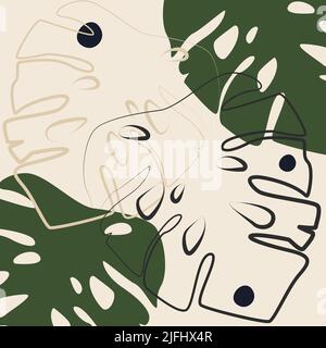 Monstera lascia una linea di disegno poster d'arte. Stile linea continua. Illustrazione Vettoriale