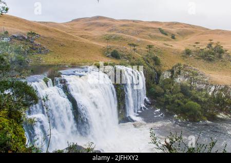 Cascata verde-fiume-rocce-coperto con muschio-foresta-cascata verde. Foresta profonda nel centro della foresta con una cascata. Tranquillo e piacevole Foto Stock