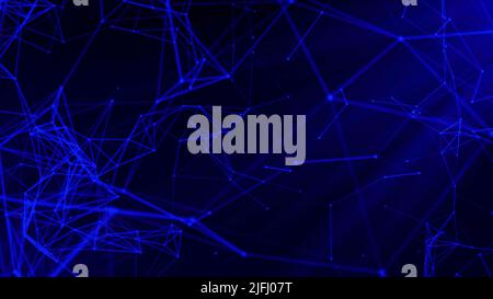 Plesso di linee geometriche astratte al neon con triangoli e punti mobili. Movimento. 3D sfondo scientifico colorato. Foto Stock