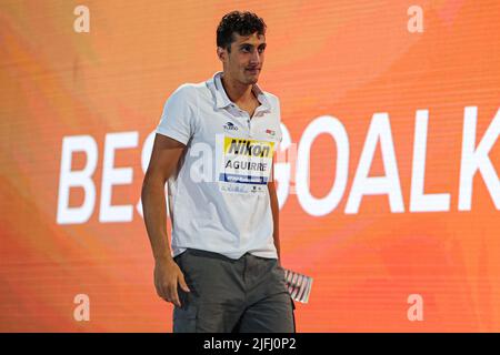 BUDAPEST, UNGHERIA - LUGLIO 3: Portiere Unai Aguirre di Spagna riceve il premio per il miglior portiere durante i campionati del mondo FINA cerimonia Medaglia di Budapest 2022 al complesso di nuoto Alfred Hajos il 3 luglio 2022 a Budapest, Ungheria (Foto di Albert ten Hove/Orange Pictures) Foto Stock