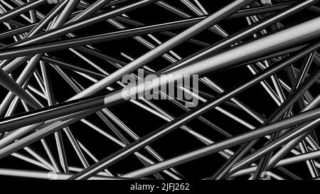 Sfondo metallico argento con strisce grinzite su sfondo nero. Movimento. Spostamento lento di tubi come linee, monocromatiche. Foto Stock