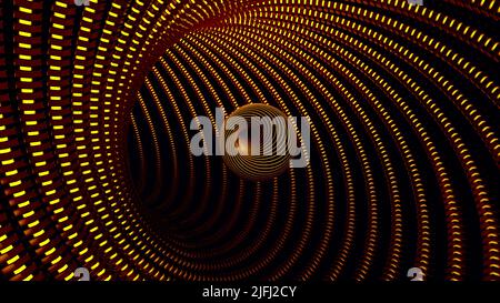 Sfera astratta che vola all'interno di un tunnel punteggiato, anello senza giunture. Design. Bella palla che si muove all'interno del corridoio digitale colorato. Foto Stock