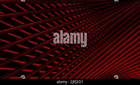 3D strisce di metallo rosso incrociate che scorrono su sfondo nero. Movimento. Illusione ottica con materiale di griglia metallica. Foto Stock