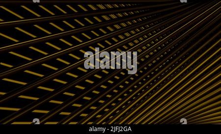 Incrociato astratto metallo dorato 3D strisce che scorre su uno sfondo nero. Movimento. Illusione ottica con materiale di griglia metallica. Foto Stock