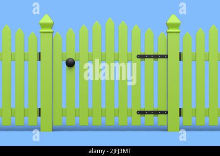 Recinzione in legno di picket su sfondo blu che separa gli oggetti. 3d rendere concetto di sicurezza o separazione sul cortile Foto Stock