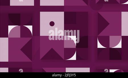 Ripetizione geometrica con cerchi, quadrati e triangoli senza soluzione di continuità. Movimento. Sfondo astratto modernista in tonalità viola. Foto Stock