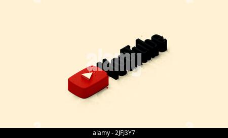 Animazione sui social media, pulsante rosso e iscrizione youtube nera. Movimento. YouTube simbolo mde di particelle rotonde. Solo per uso editoriale. Foto Stock
