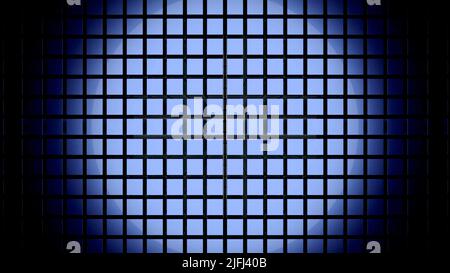 Parete blu astratta di quadrati della stessa dimensione con un'onda mobile verticale. Design. Sfondo cubico con un punto luminoso rotondo. Foto Stock