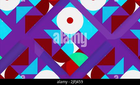 Ripetizione geometrica con cerchi, quadrati e triangoli senza soluzione di continuità. Movimento. Sfondo astratto modernista in tonalità viola. Foto Stock