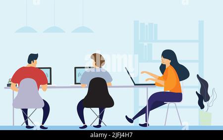 Un'illustrazione vettoriale dei giovani in un ambiente di lavoro comune. Le persone parlano e lavorano in ufficio Illustrazione Vettoriale