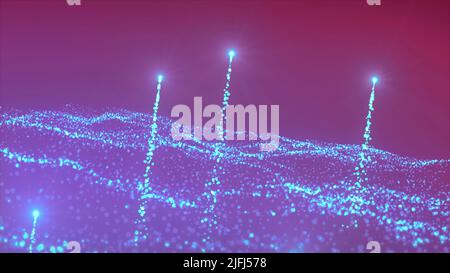 Particelle incandescenti sfondo dinamico, fantascienza o microcosmo. Movimento. Modello ondulato di stelle lucenti e comete volanti. Foto Stock