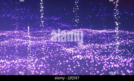 Particelle incandescenti sfondo dinamico, fantascienza o microcosmo. Movimento. Modello ondulato di stelle lucenti e comete volanti. Foto Stock