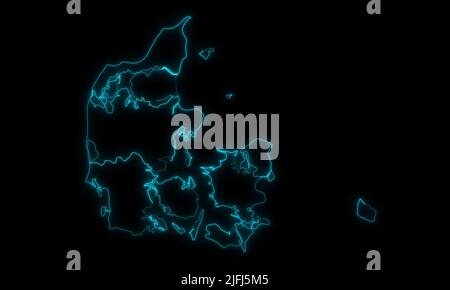 Mappa astratta della Danimarca con le regioni che illuminano il contorno su sfondo nero Foto Stock