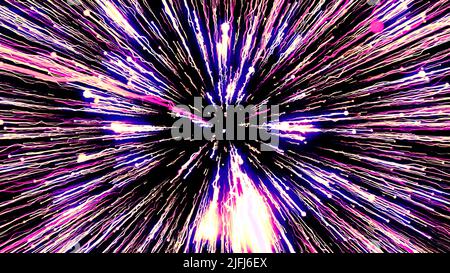 Foro nero astratto che assorbe la luce nello spazio esterno, sfondo cosmico 3D. Movimento. Bellissimi raggi di luce volanti. Foto Stock