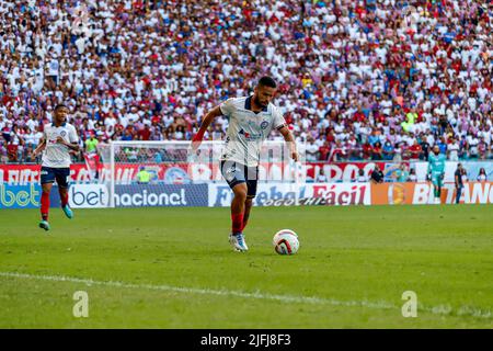 Salvador, Brasile. 03rd luglio 2022. Nella foto, attaccante Raí Nascimento durante il gioco tra Bahia x Gremio, Campeonato Brasileiro Serie B 2022, tenuto a Estádio da Arena Fonte Nova, a Salvador (BA), questa Domenica (03). Credit: Márcio Roberto/FotoArena/Alamy Live News Foto Stock