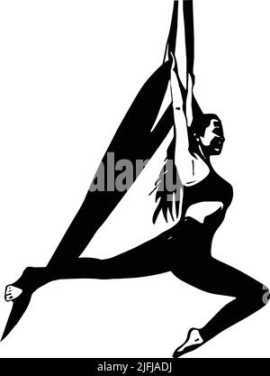 Schizzo di allenamento con ginnastica ad aria, che si svolge isolato su sfondo bianco studio. Esercizi di seta aerea. Illustrazione vettoriale Illustrazione Vettoriale